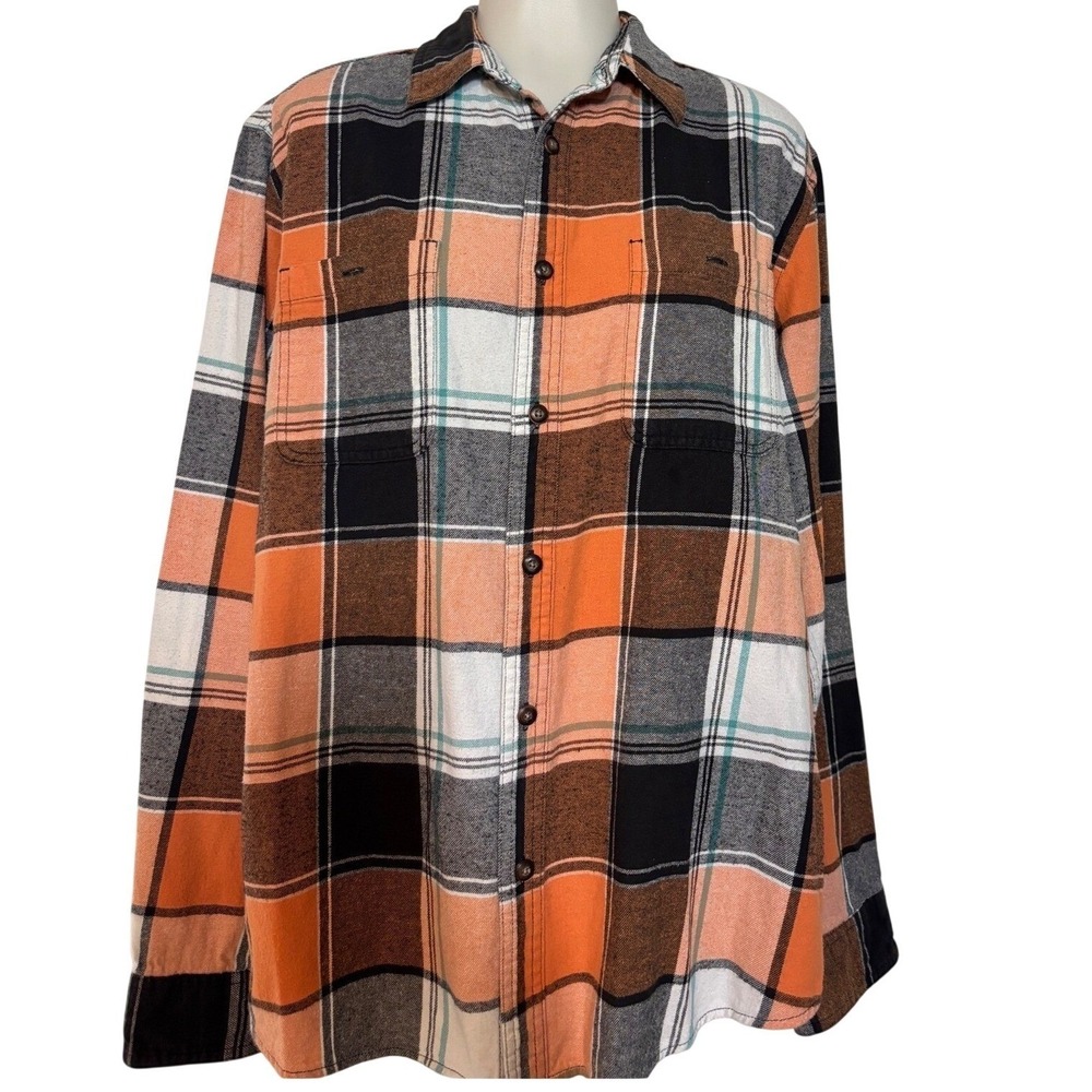 Sonoma Womens Large Cotton Flannel Shirt Orange Black White Plaid NWOT Pristine!